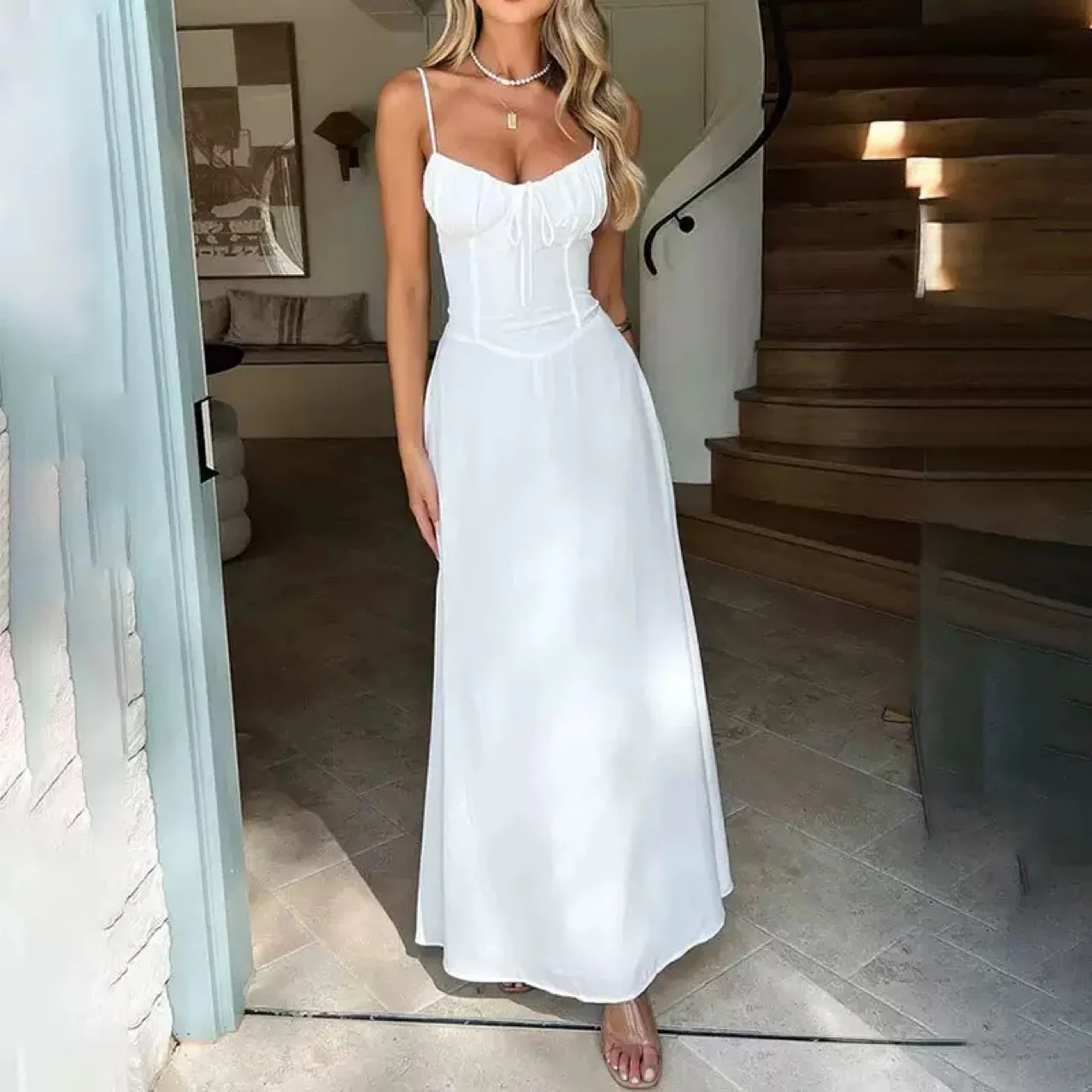 Damen Fließendes Maxikleid mit schmalen Spaghettiträgern und verstellbarem Ausschnitt R&B - Image 6