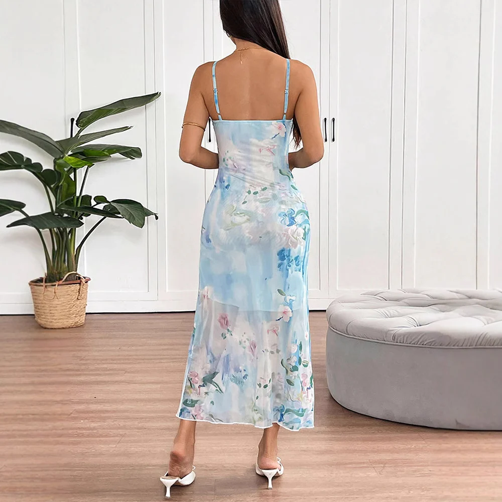 Damen fließendes Maxikleid mit Spaghettiträgern und floralem Druck R&B - Image 4