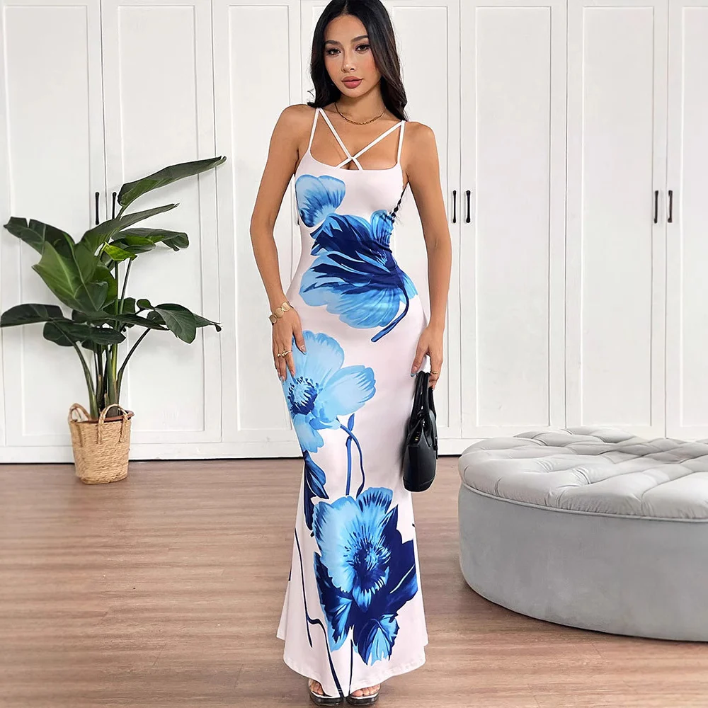 Damen Floral Maxikleid mit zarten Spaghetti-Trägern und figurbetontem Schnitt R&B - Image 2
