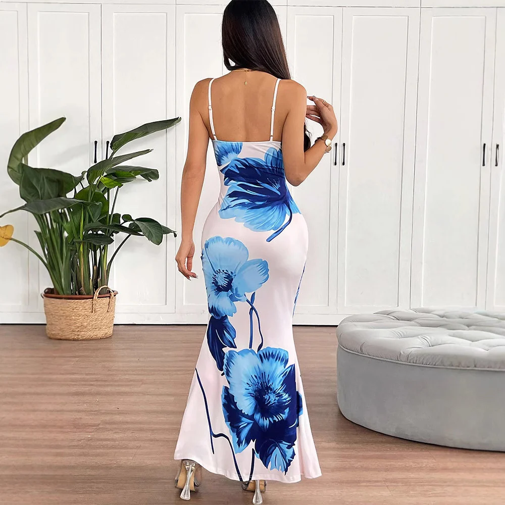 Damen Floral Maxikleid mit zarten Spaghetti-Trägern und figurbetontem Schnitt R&B - Image 4