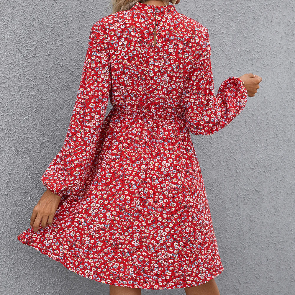 Damen florales Midikleid mit hochgeschlossenem Kragen und Taillengürtel R&B - Image 4
