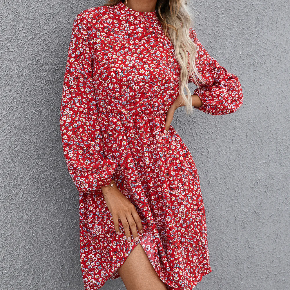 Damen florales Midikleid mit hochgeschlossenem Kragen und Taillengürtel R&B - Image 6