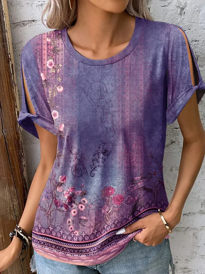 Damen florales Oversized-T-Shirt mit Cut-Out-Ärmeln R&B - Image 7