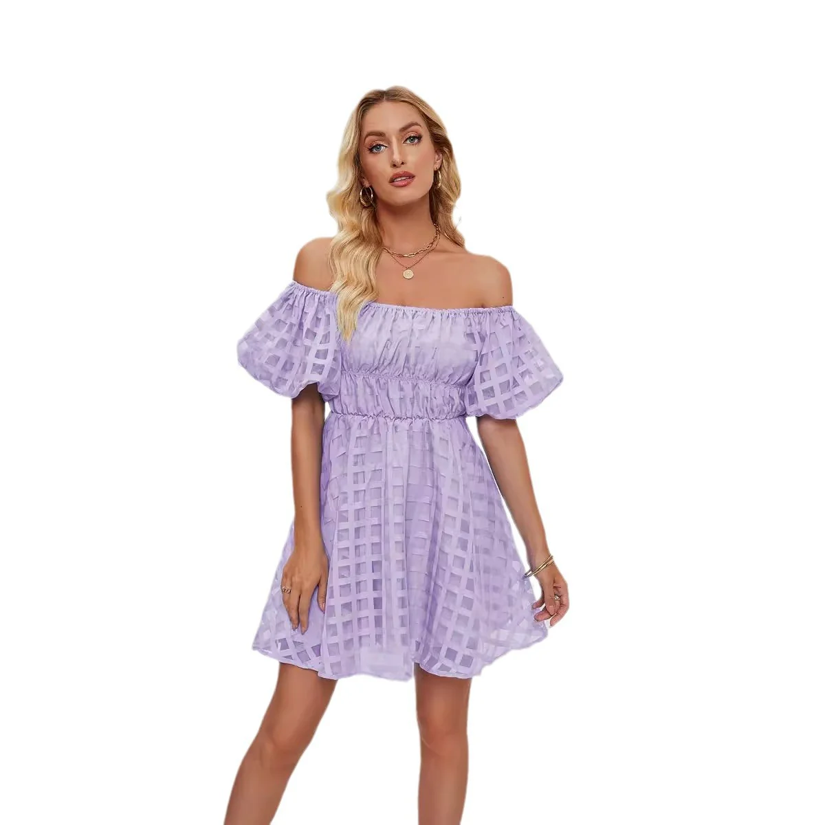 Damen Freizeitkleid im modernen Karomuster mit Puffärmeln und elastischer Taille R&B - Image 5