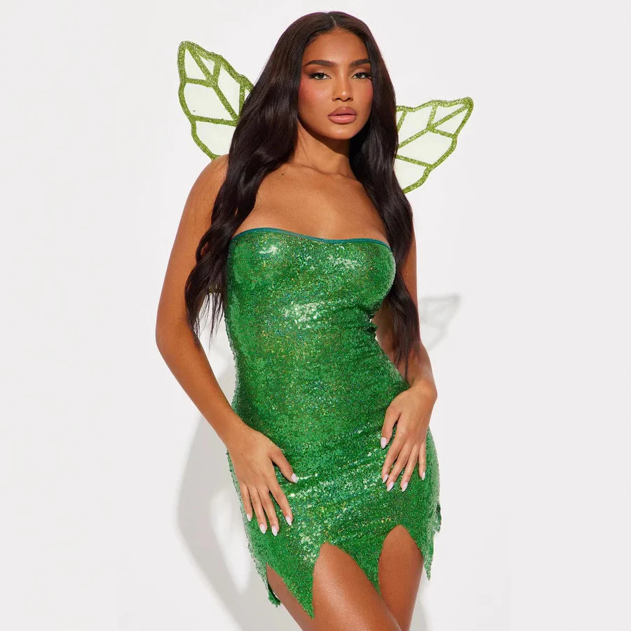 Damen Funkelndes Feenkleid mit schulterfreiem Schnitt und transparenten Flügeln R&B