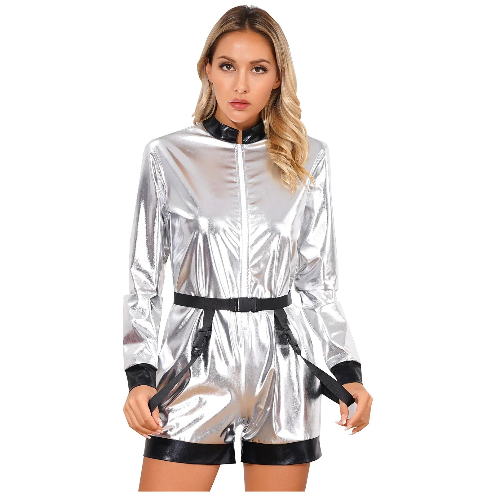 Damen Futuristischer Glanz-Jumpsuit mit Reißverschluss und abnehmbarem Gürtel R&B - Image 3