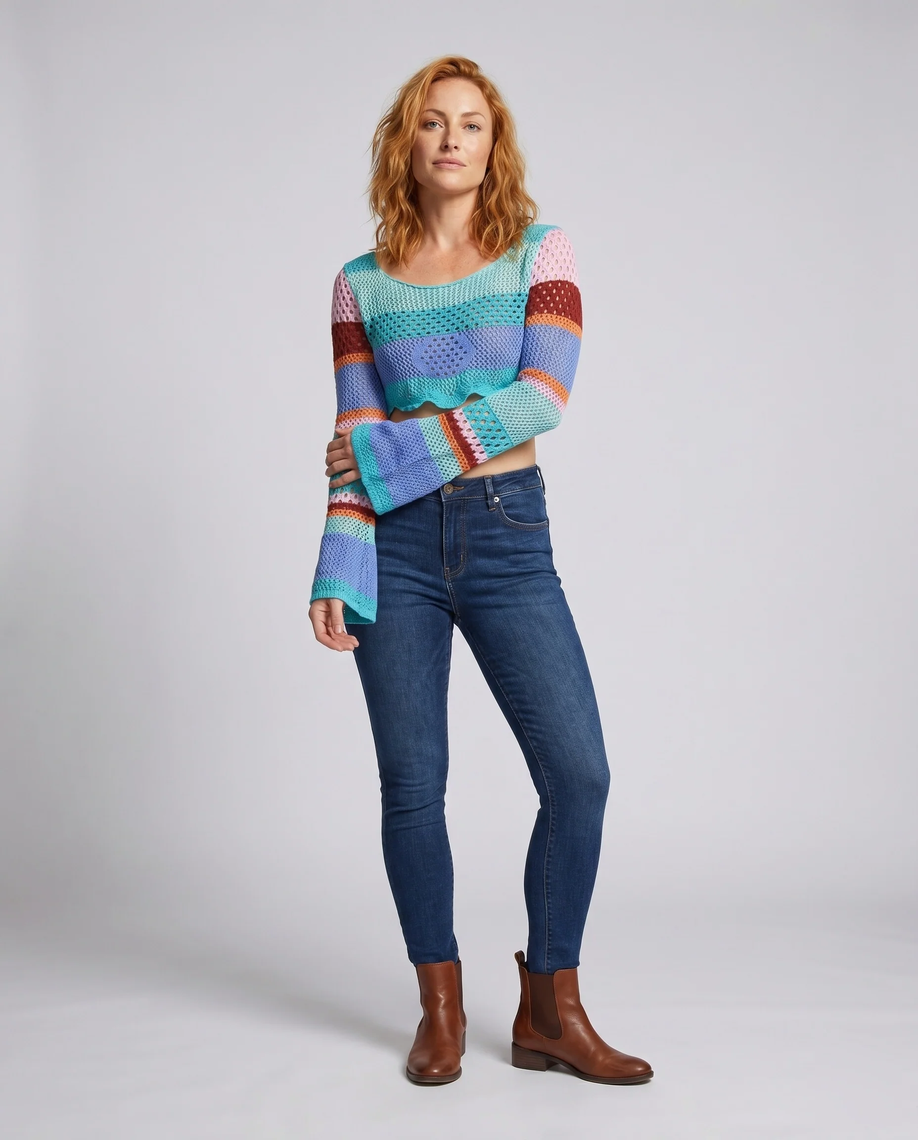Damen geflochtenes Cropped Oberteil mit buntem Streifenmuster