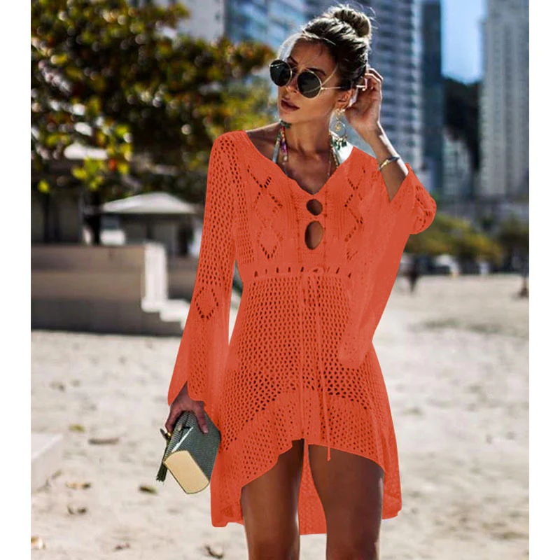 Damen gehäkelte Strandtunika mit modischem V-Ausschnitt und Bindegürtel R&B - Image 7