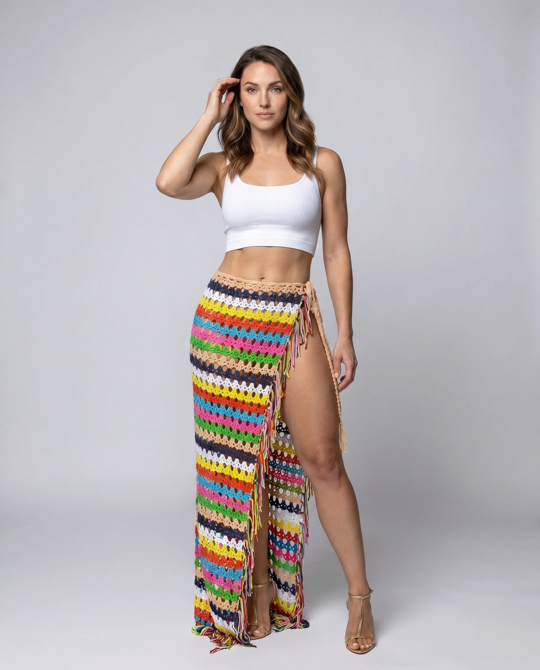 Damen gehäkelter Maxirock mit seitlichem Schlitz und buntem Streifendesign