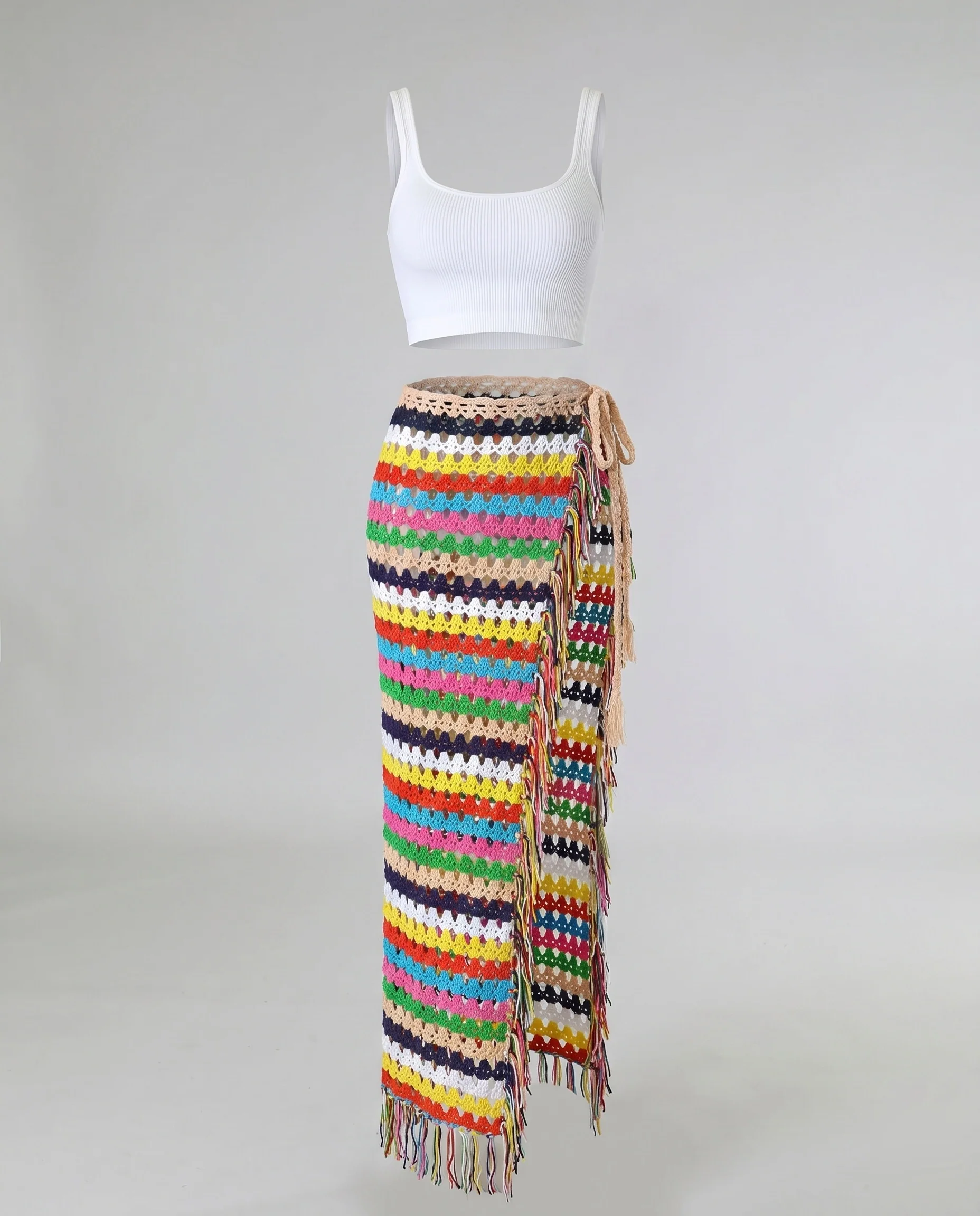 Damen gehäkelter Maxirock mit seitlichem Schlitz und buntem Streifendesign - Image 5