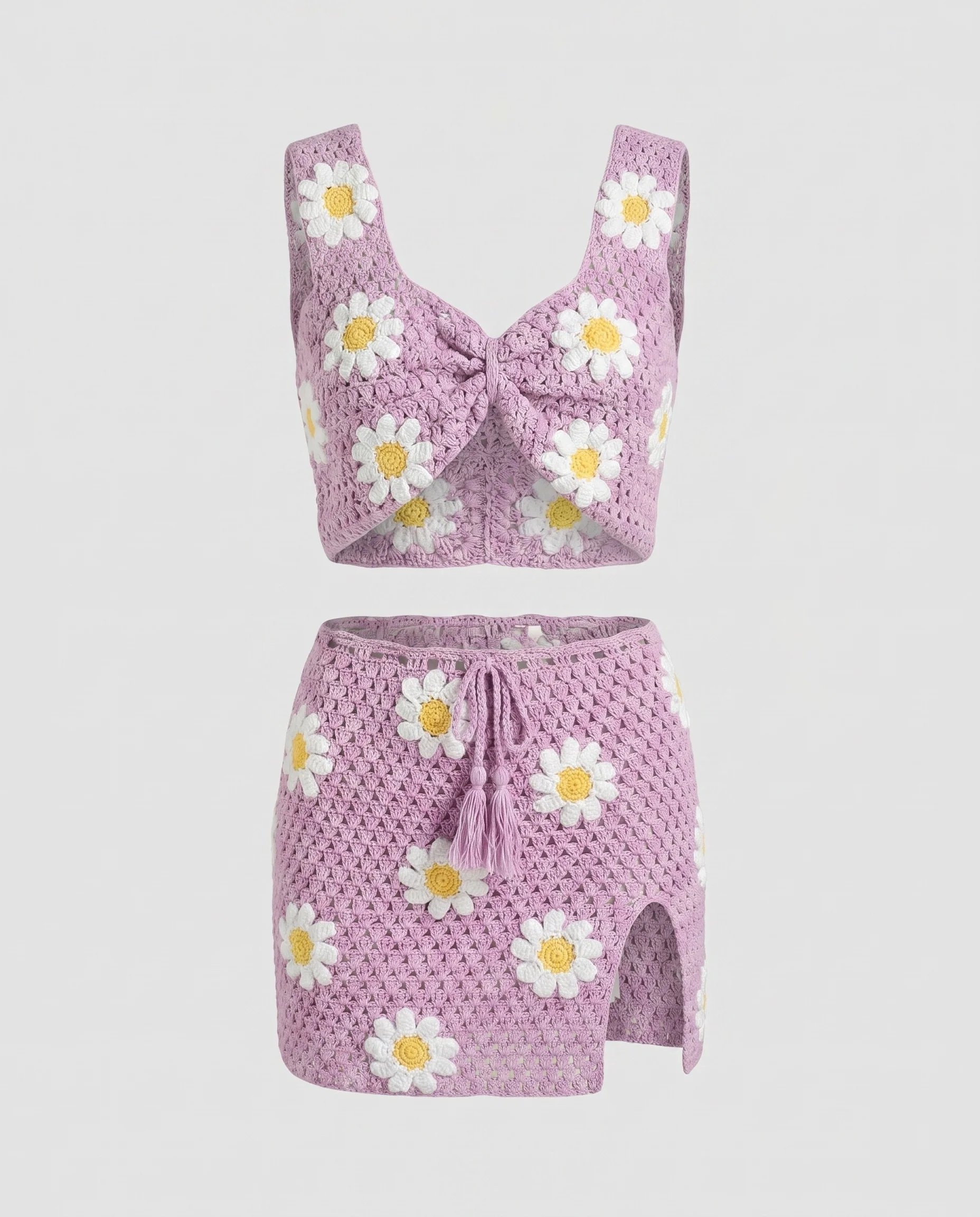 Damen gehäkeltes Crop-Top und Minirock-Set mit Blütenmuster - Image 4