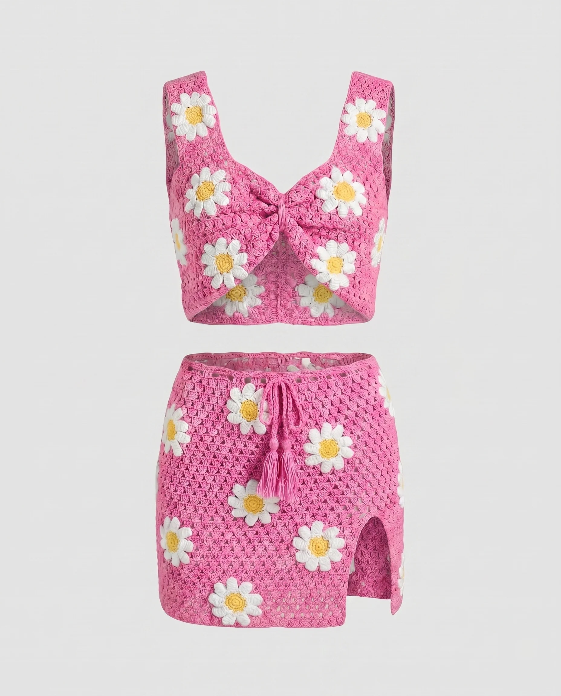 Damen gehäkeltes Crop-Top und Minirock-Set mit Blütenmuster - Image 7