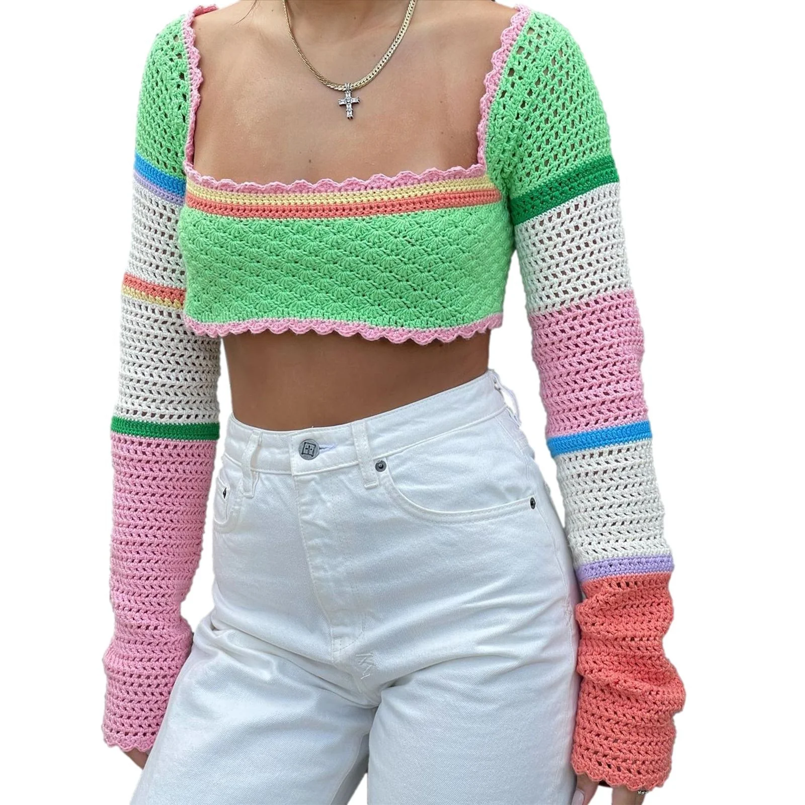 Damen gehäkeltes Crop-Top mit breiten, bunten Ärmeln R&B - Image 2