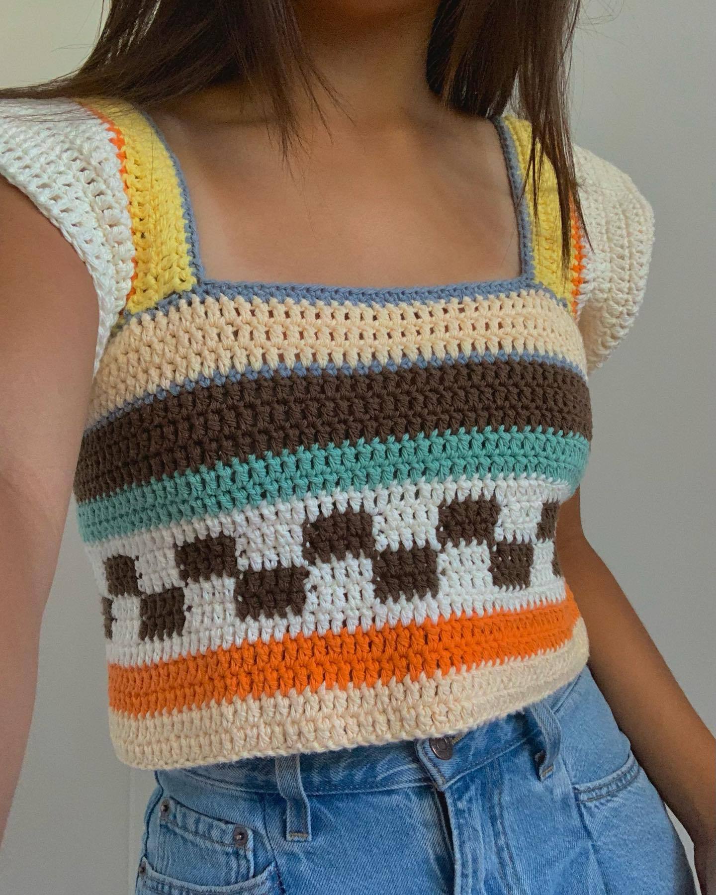 Damen gehäkeltes Crop-Top mit buntem Streifenmuster und Quadrat-Ausschnitt R&B - Image 6