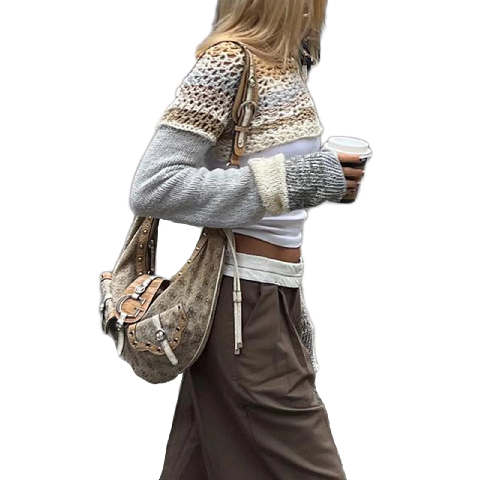 Damen gehäkeltes Crop-Top mit langem Arm und bunten Streifen R&B - Image 4