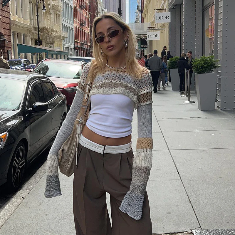 Damen gehäkeltes Crop-Top mit langem Arm und bunten Streifen R&B - Image 8