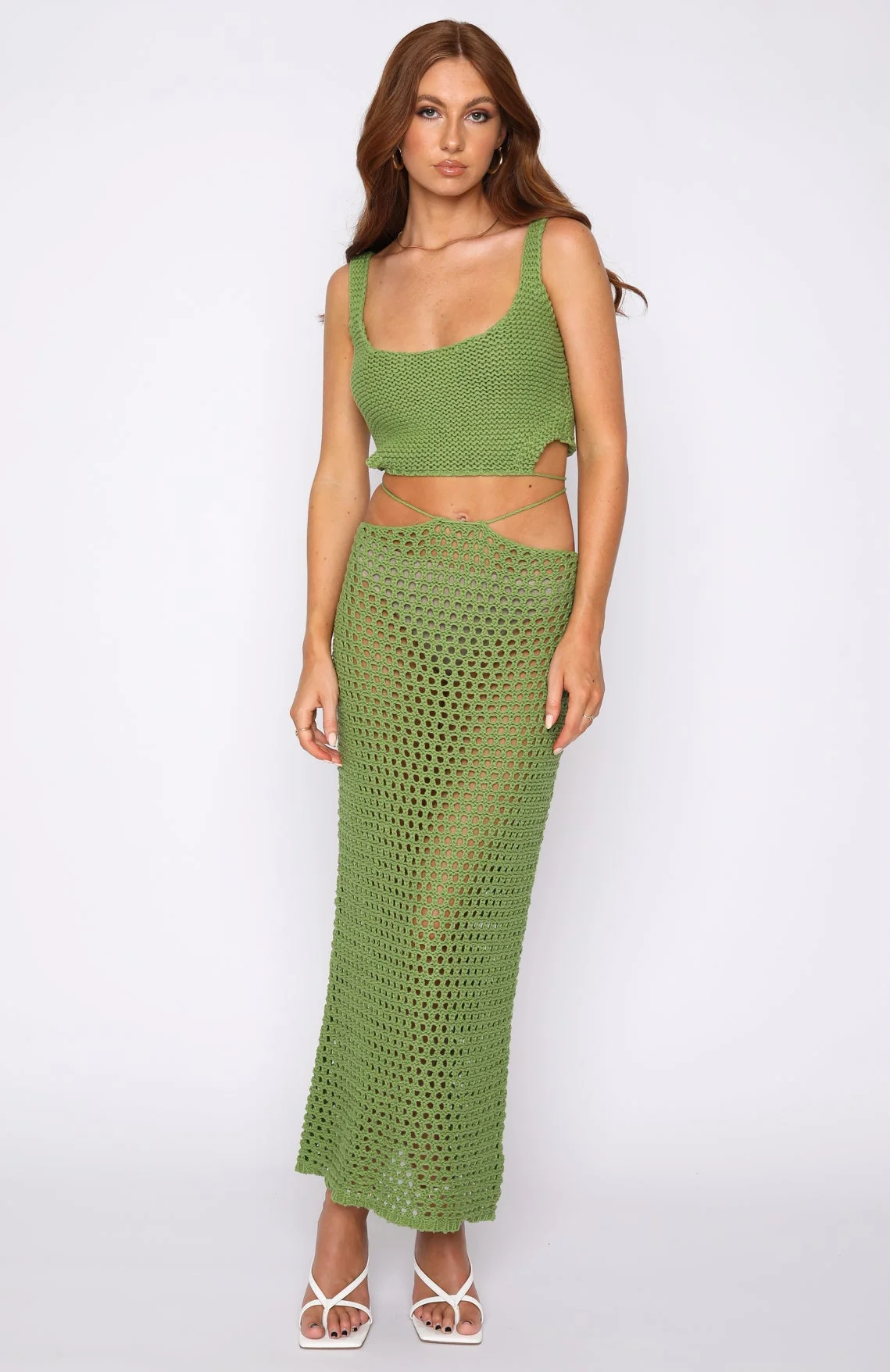Damen gehäkeltes Crop-Top und Maxirock-Set mit seitlichen Schlitzen und Binde-Details R&B - Image 2