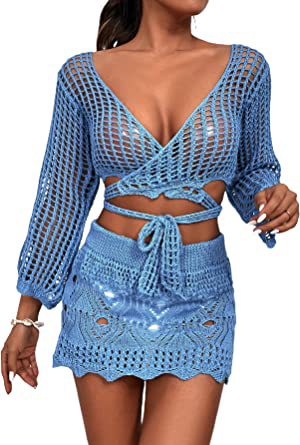 Damen gehäkeltes Crop-Top und Minirock-Set mit eleganten Binde-Details R&B - Image 2