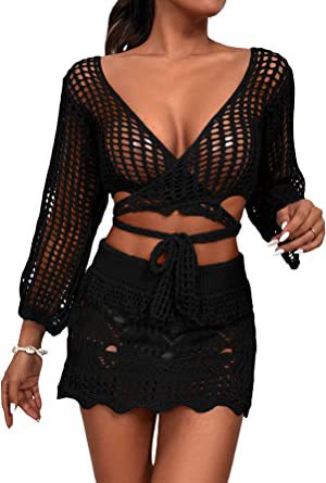 Damen gehäkeltes Crop-Top und Minirock-Set mit eleganten Binde-Details R&B - Image 4
