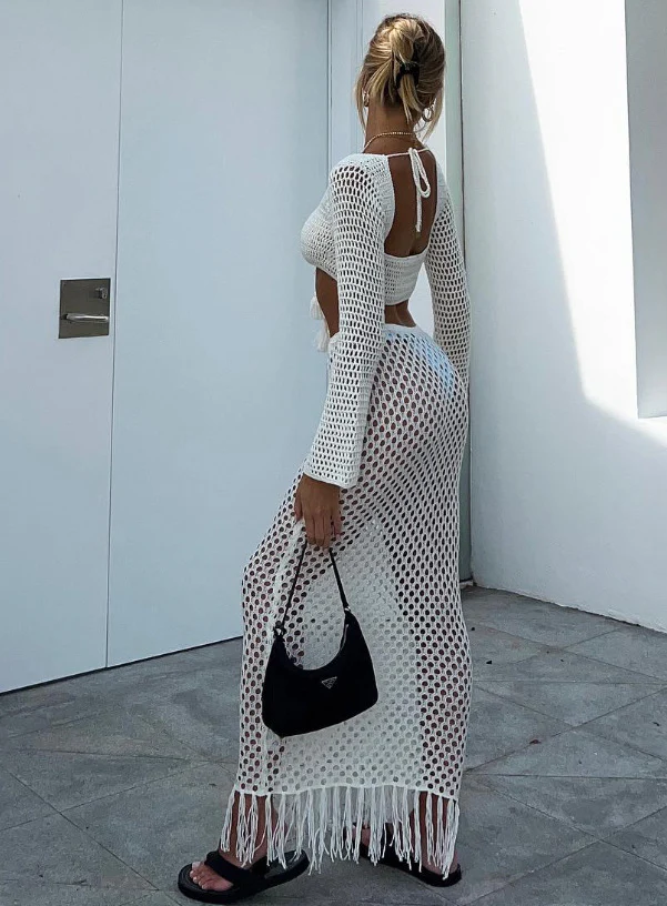 Damen gehäkeltes Strandkleid mit langem Schnitt und verspielten Fransen R&B - Image 2