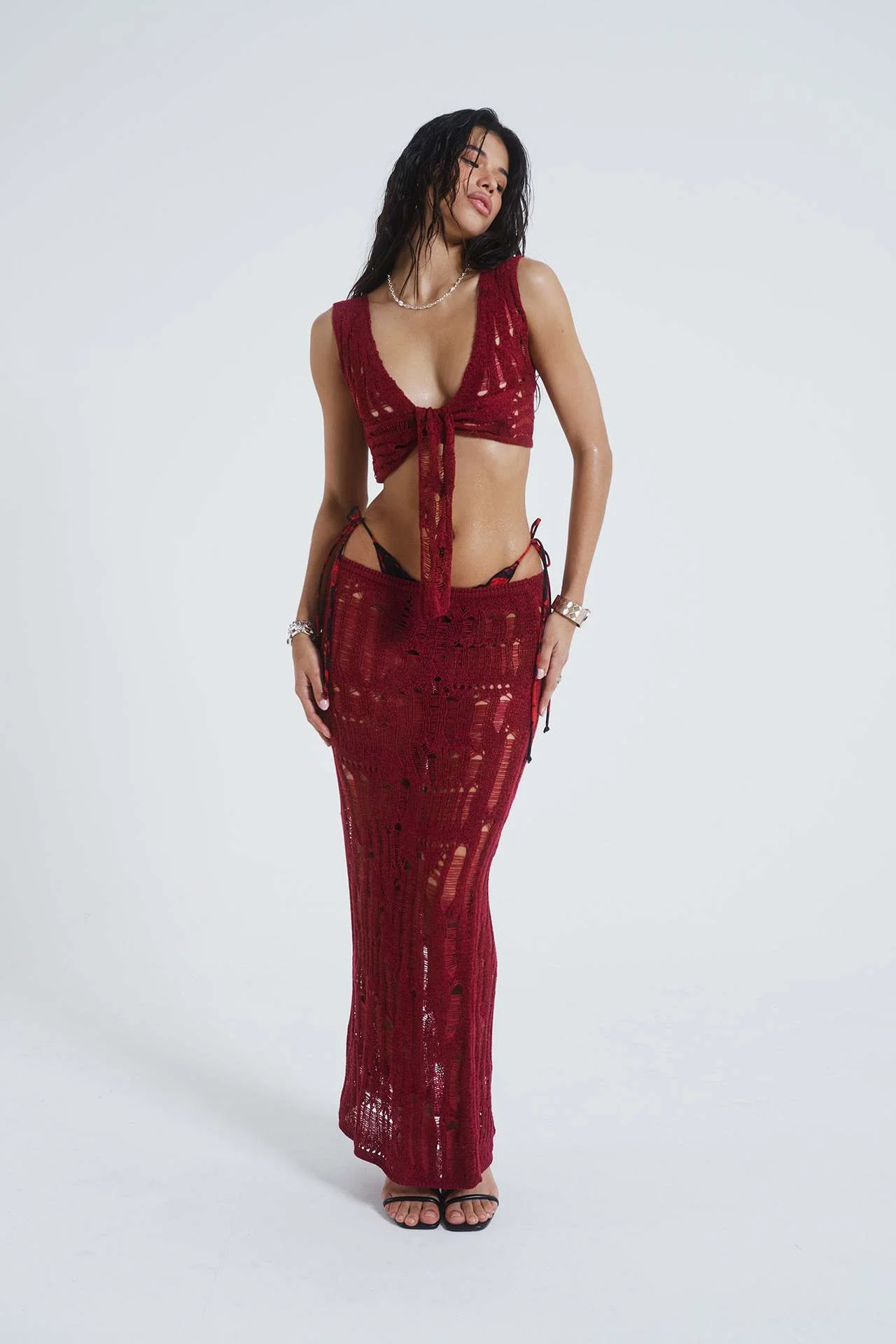 Damen gehäkeltes Strandkleid und Crop-Top Set mit tiefem Ausschnitt R&B