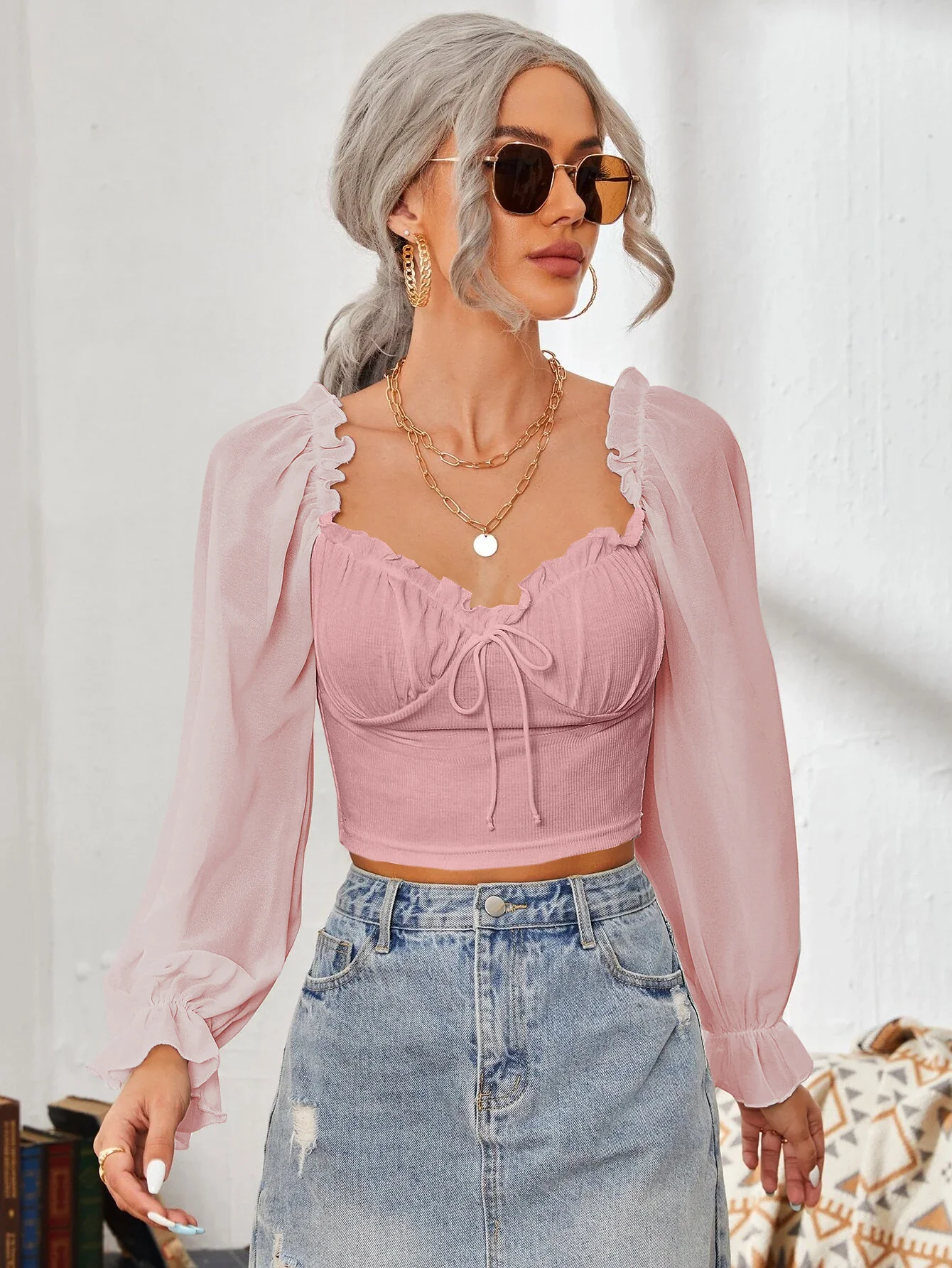 Damen Cropped-Bluse mit Rüschen und eleganten Puffärmeln R&B - Image 6