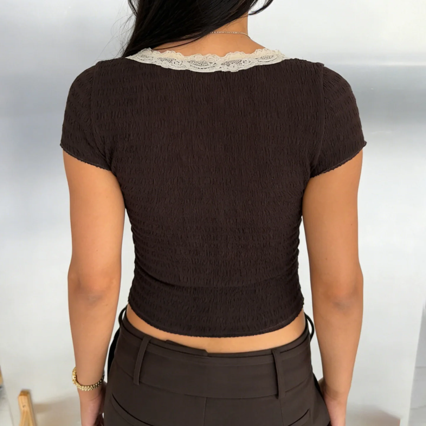 Damen gerafftes Oberteil mit Spitzenbesatz und dekorativem Bindeband Heidi-Mode - Image 4