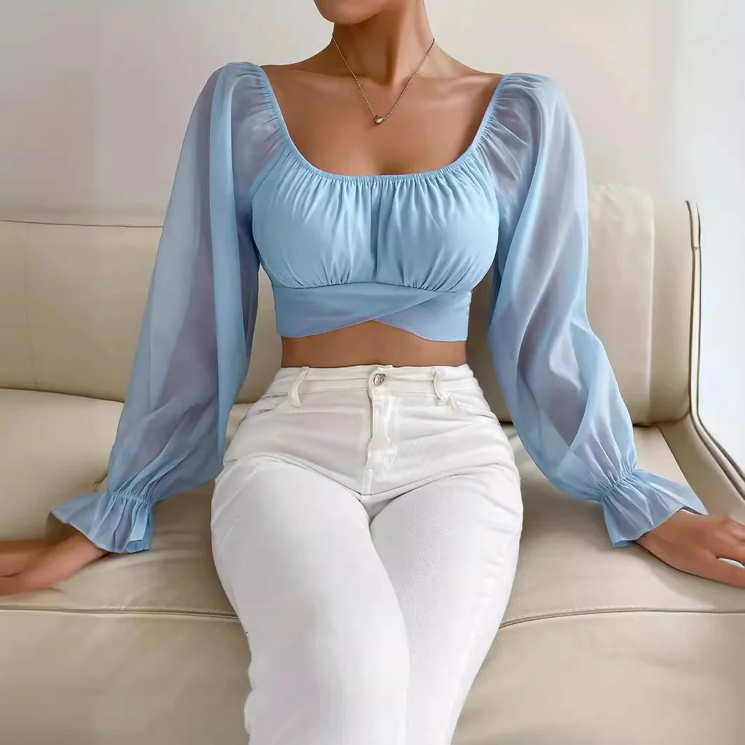 Damen Cropped Bluse mit Puffärmeln und raffiniertem Schnitt R&B