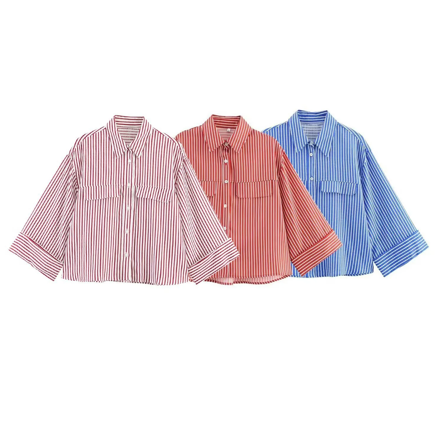 Damen gestreifte Bluse mit voluminösen Ärmeln und praktischen Taschen R&B - Image 5