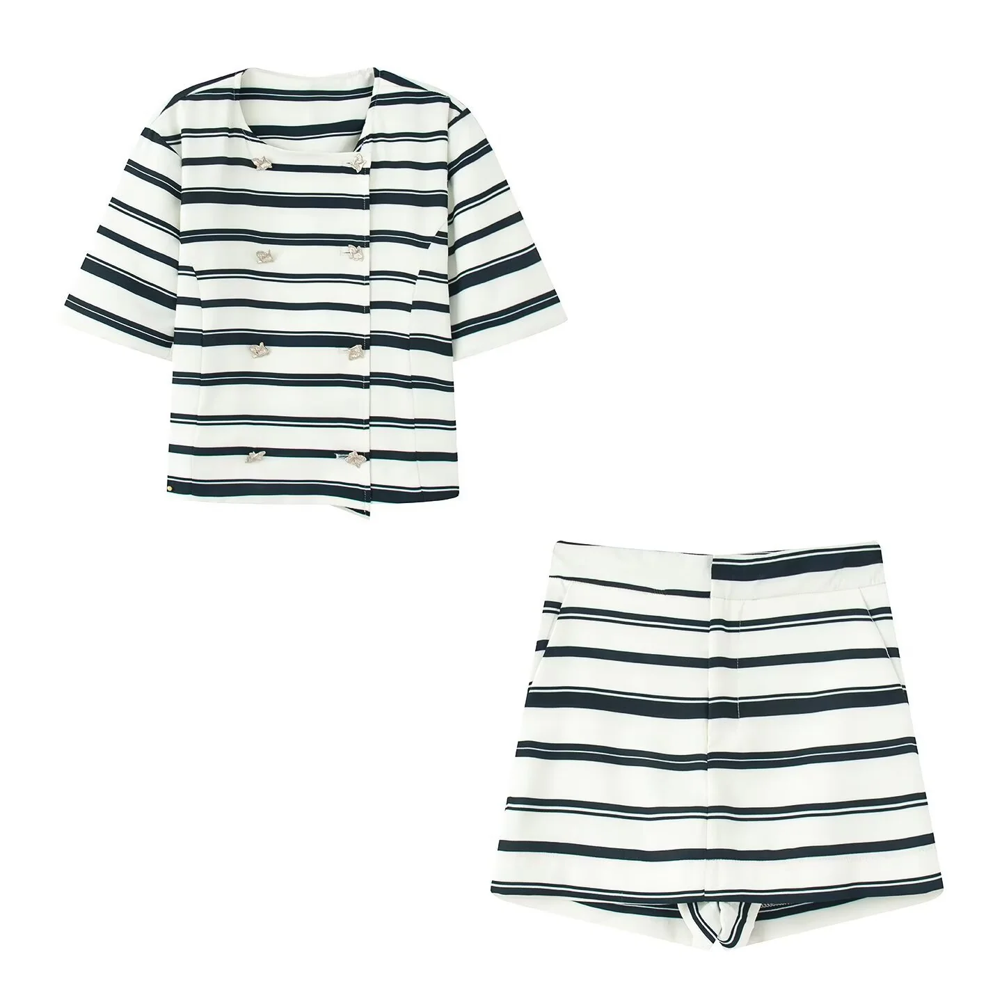 Damen gestreiftes Blazer- und Shorts-Set mit eleganten Knopfdetails R&B - Image 5