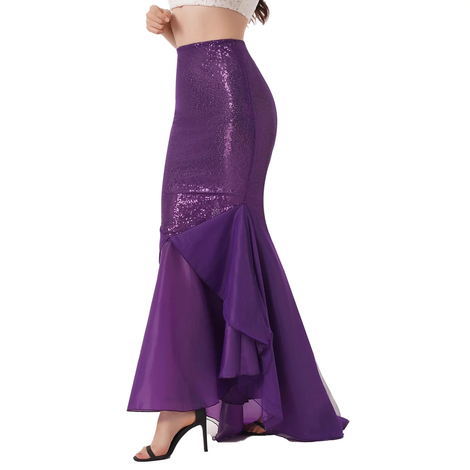 Damen Glamouröser Abendrock mit schimmerndem Paillettenoberteil und fließendem Tüllsaum R&B - Image 4