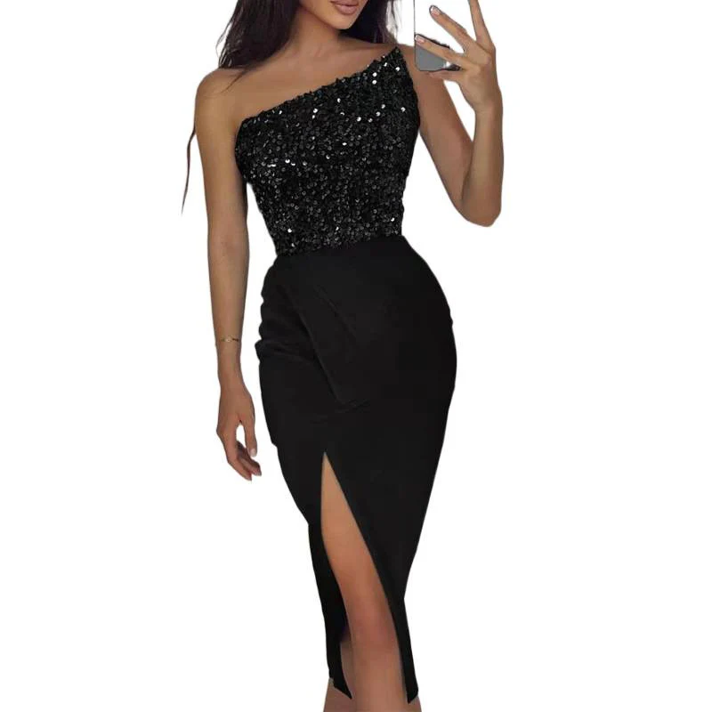 Damen Glamouröses Abendkleid mit asymmetrischem Ausschnitt und schimmerndem Oberteil R&B - Image 5