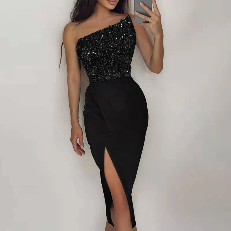 Damen Glamouröses Abendkleid mit asymmetrischem Ausschnitt und schimmerndem Oberteil R&B - Image 6