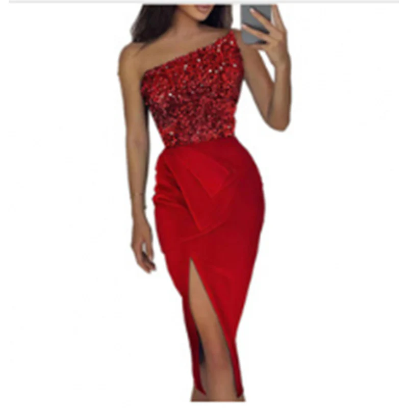Damen Glamouröses Abendkleid mit asymmetrischem Ausschnitt und schimmerndem Oberteil R&B - Image 7