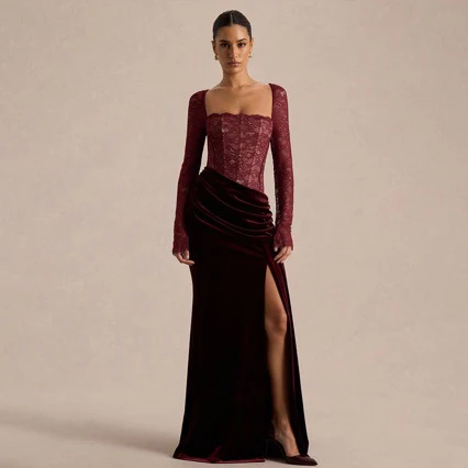 Damen Glamouröses Abendkleid mit langer Spitze und tailliertem Rock R&B - Image 3
