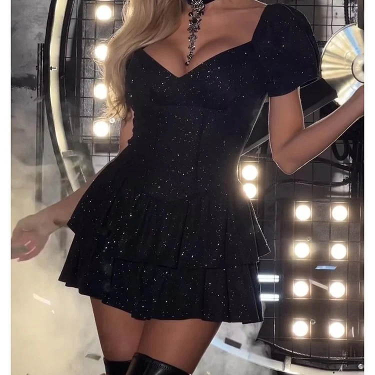 Damen Glamouröses Minikleid mit voluminösen Ärmeln und funkelnden Akzenten R&B