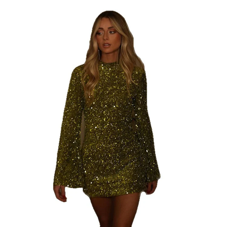 Damen glamouröses Pailletten-Minikleid mit Volantärmeln und hohem Kragen R&B - Image 5
