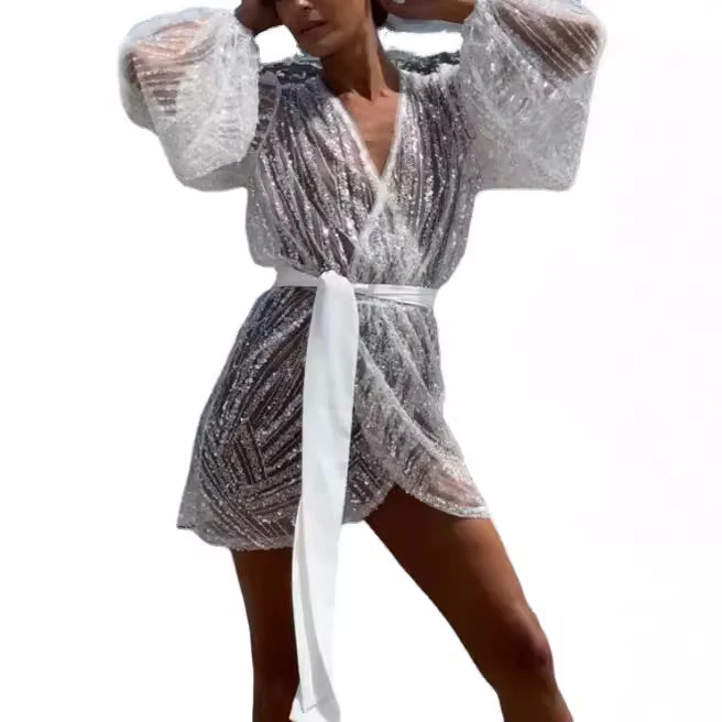 Damen Glitzernde Strandrobe mit elegantem Gürtel und weit ausgestellten Ärmeln R&B - Image 5