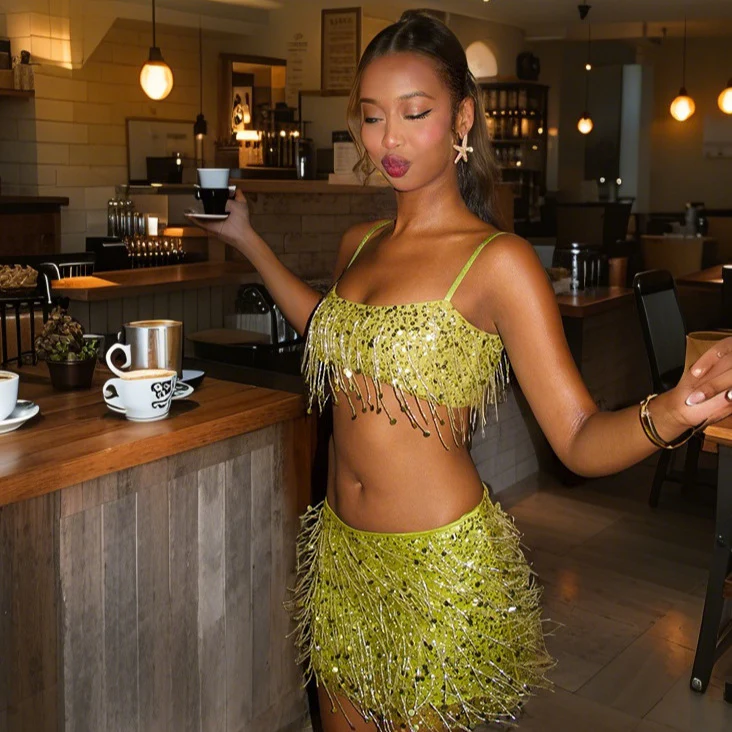 Damen Glitzerndes Crop-Top und Minirock-Set mit Fransen R&B