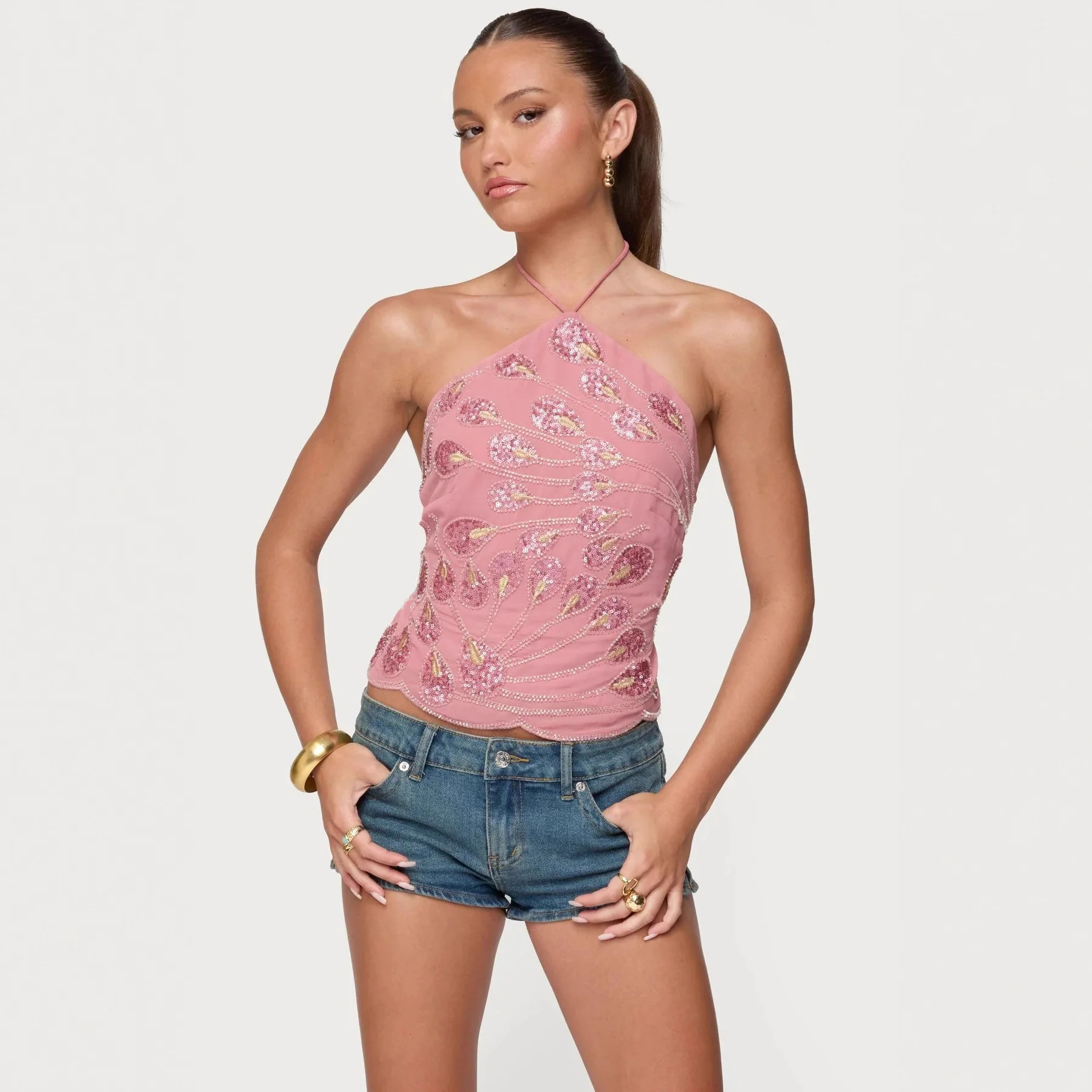 Damen Glitzerndes Halboberteil mit floralen Pailletten und feinen Trägern R&B - Image 4