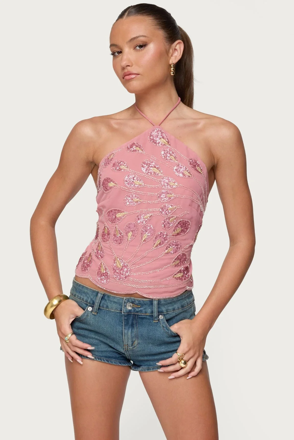 Damen Glitzerndes Halboberteil mit floralen Pailletten und feinen Trägern R&B - Image 7