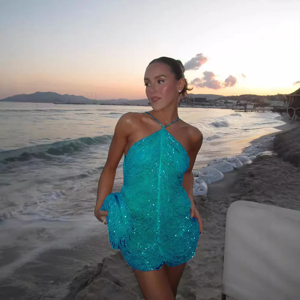 Damen Glitzerndes Minikleid mit raffinierten Perlenakzenten R&B - Image 4