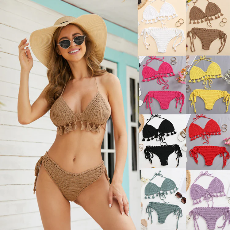 Damen Häkel-Bikini-Set mit fransigen Akzenten und verstellbaren Trägern R&B