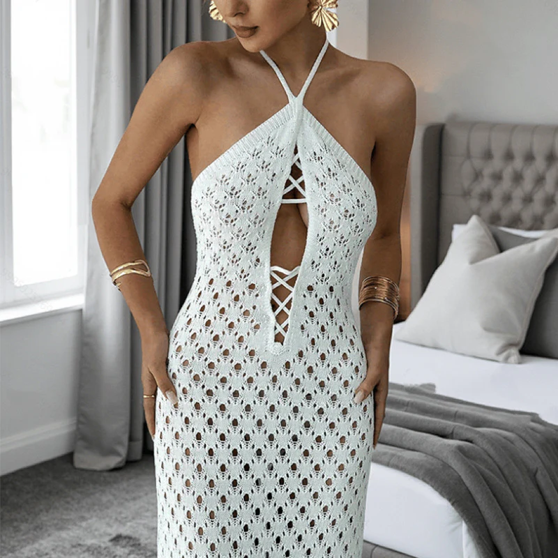 Damen Häkel-Maxi-Kleid mit innovativem Ausschnitt und seitlichen Cut-Outs R&B - Image 3