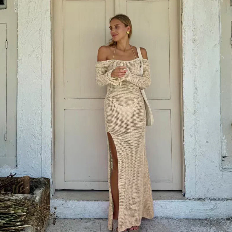 Damen Häkel-Maxikleid mit offener Schulterpartie und seitlichem Schlitz R&B - Image 6