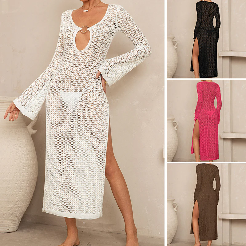 Damen Häkel-Maxikleid mit tiefem Ausschnitt und weit ausgestellten Ärmeln R&B