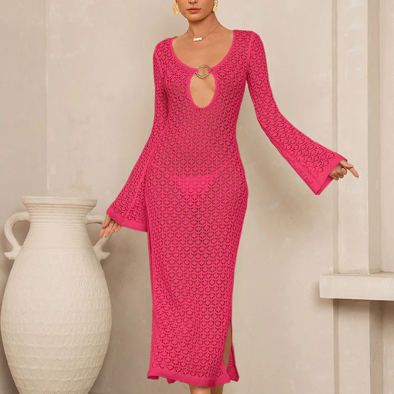 Damen Häkel-Maxikleid mit tiefem Ausschnitt und weit ausgestellten Ärmeln R&B - Image 4