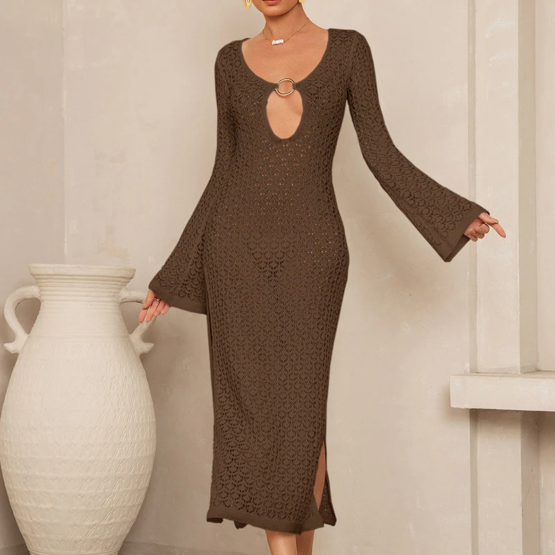 Damen Häkel-Maxikleid mit tiefem Ausschnitt und weit ausgestellten Ärmeln R&B - Image 7