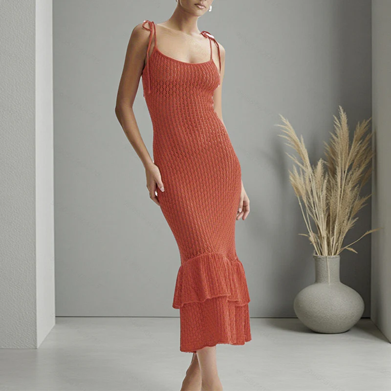 Damen Häkel-Maxikleid mit Volant und verstellbaren Trägern R&B - Image 6