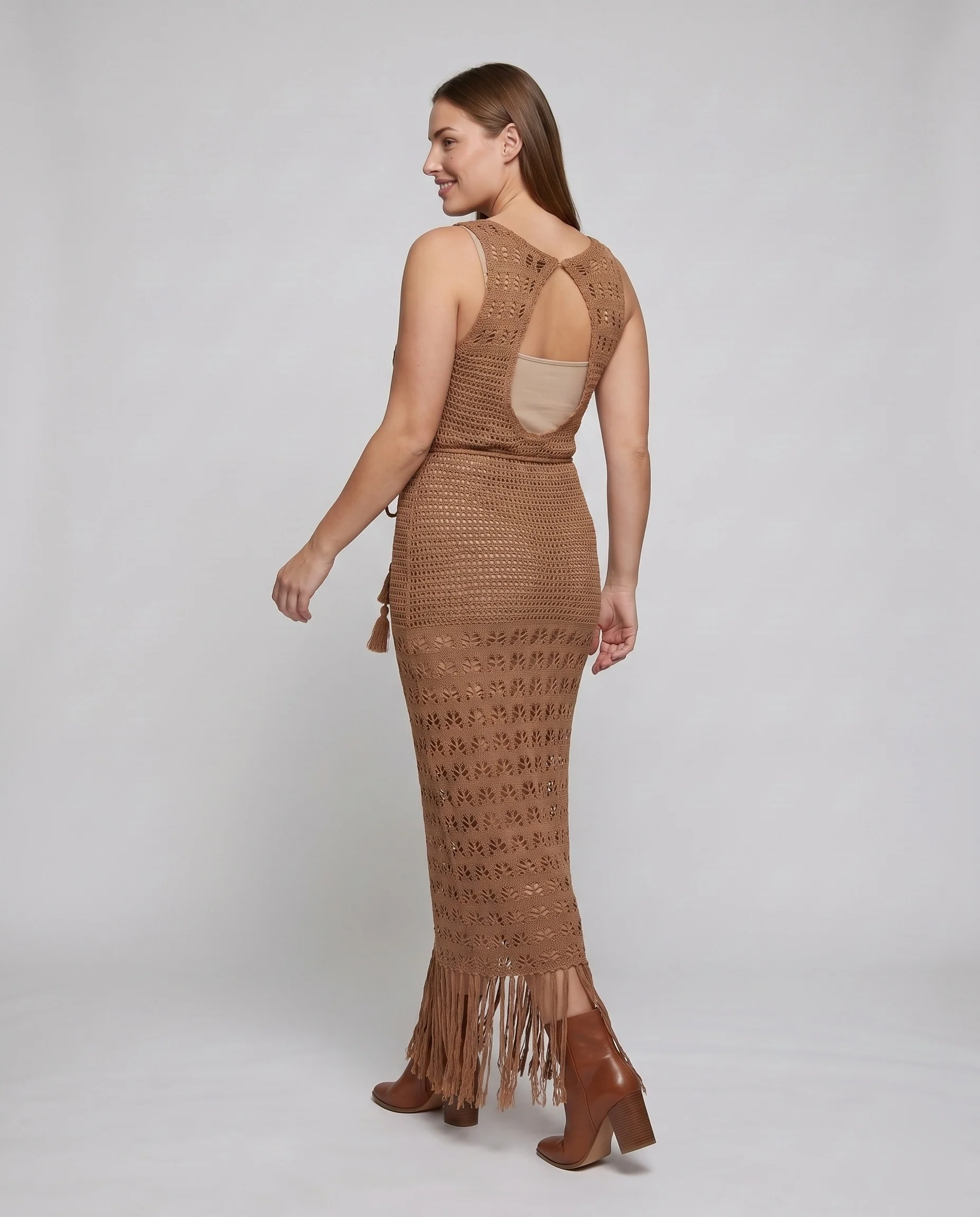 Damen Häkel-Strandkleid mit Fransen und Hohem Schlitz R&B - Image 4